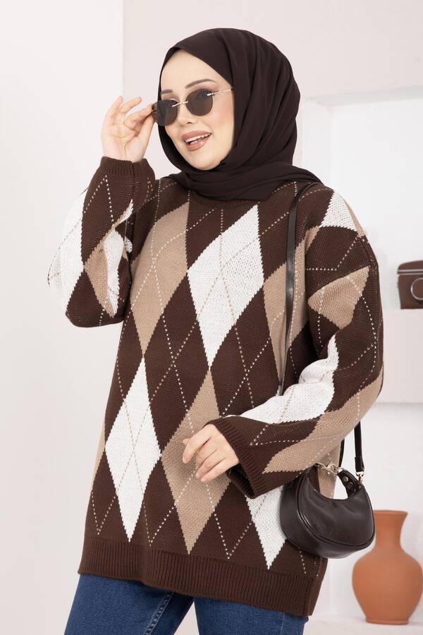 RAF - Baklava Desen Oversize Triko Kazak Kahve (1)