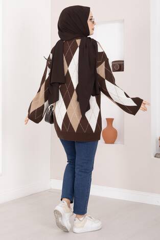 Baklava Desen Oversize Triko Kazak Kahve - Thumbnail