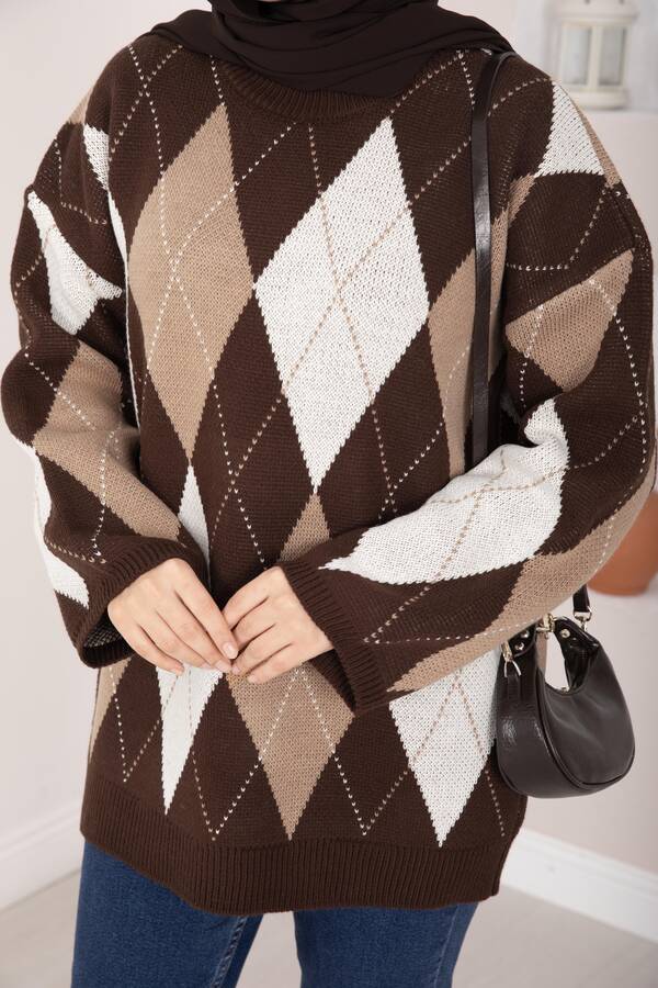 Baklava Desen Oversize Triko Kazak Kahve - 5