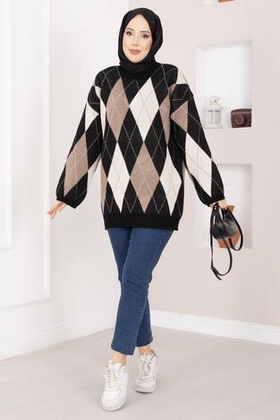 Baklava Desen Oversize Triko Kazak Siyah - Thumbnail