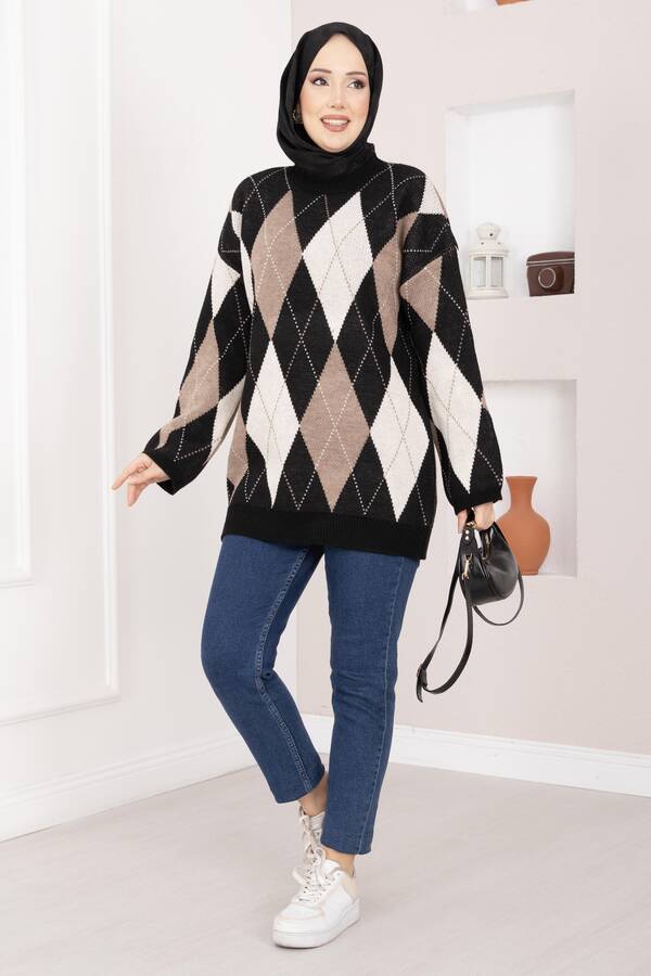 Baklava Desen Oversize Triko Kazak Siyah - 3
