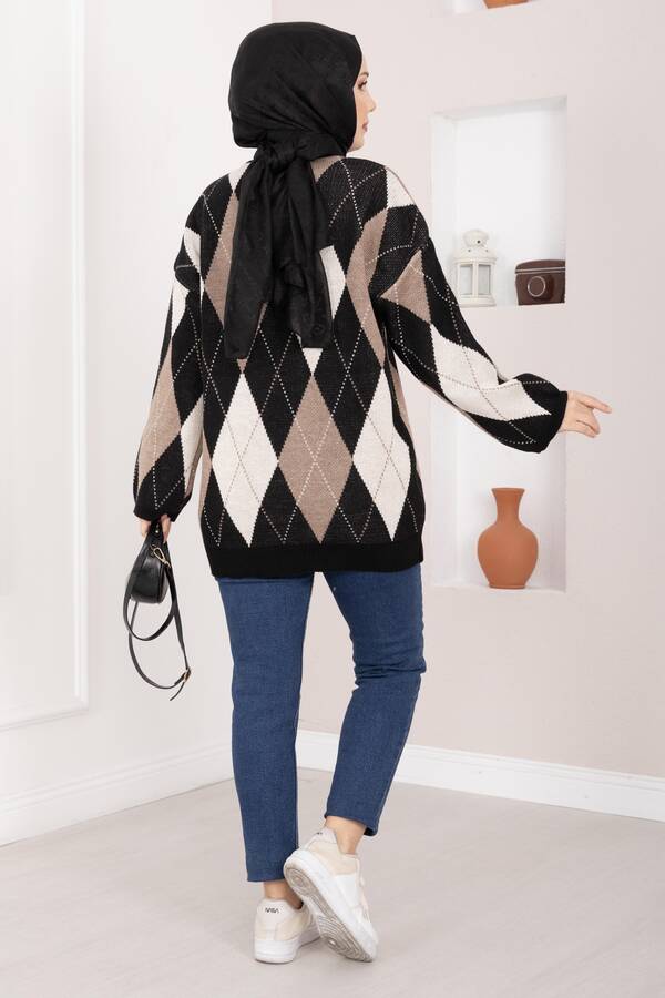 Baklava Desen Oversize Triko Kazak Siyah - 5