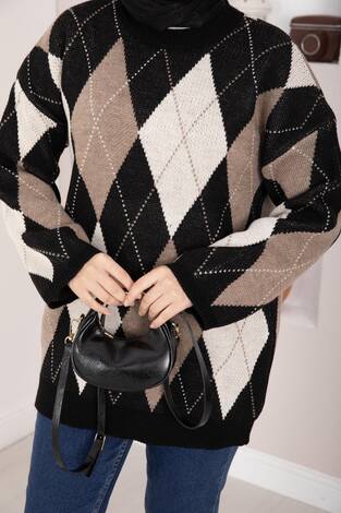 Baklava Desen Oversize Triko Kazak Siyah - Thumbnail