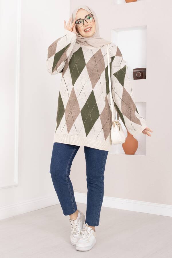 Baklava Desen Oversize Triko Kazak Taş - 4