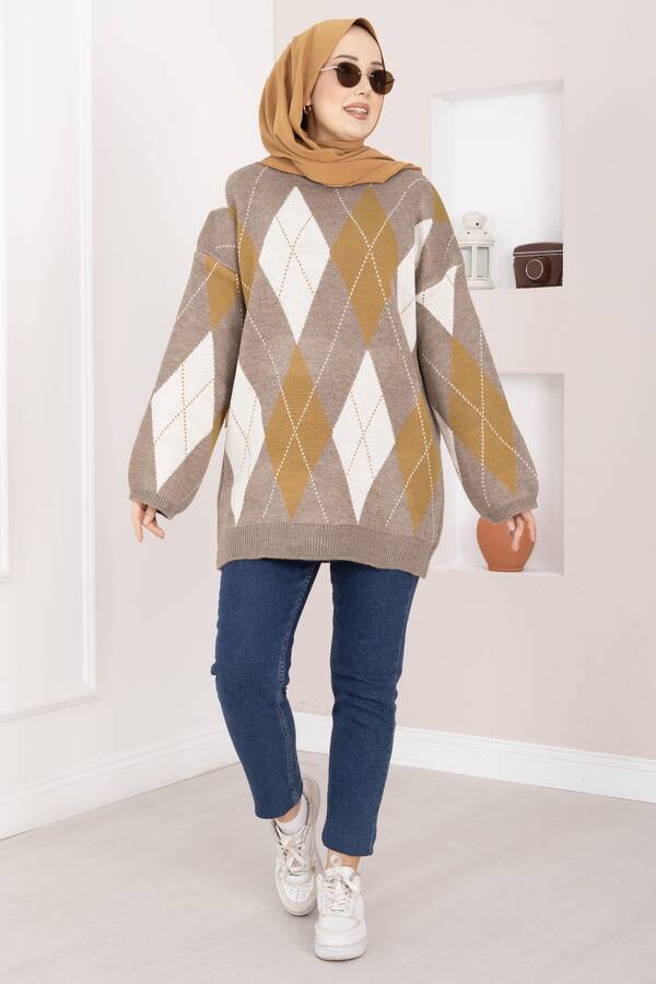 RAF - Baklava Desen Oversize Triko Kazak Vizon (1)