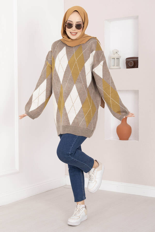 Baklava Desen Oversize Triko Kazak Vizon - 6