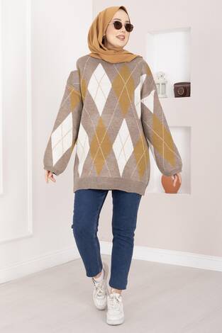 Baklava Desen Oversize Triko Kazak Vizon - Thumbnail