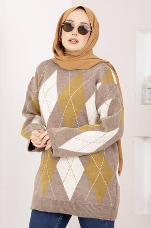 Baklava Desen Oversize Triko Kazak Vizon - Thumbnail