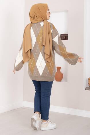 Baklava Desen Oversize Triko Kazak Vizon - Thumbnail