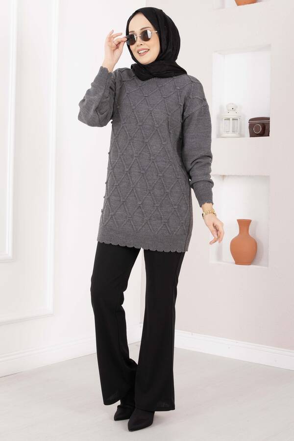 RAF - Baklava Desen Ponpon Detaylı Triko Kazak Antrasit
