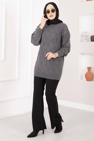 Baklava Desen Ponpon Detaylı Triko Kazak Antrasit - Thumbnail