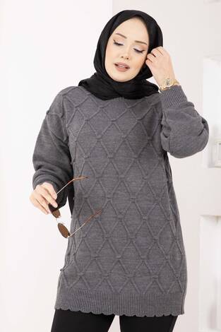 Baklava Desen Ponpon Detaylı Triko Kazak Antrasit - Thumbnail