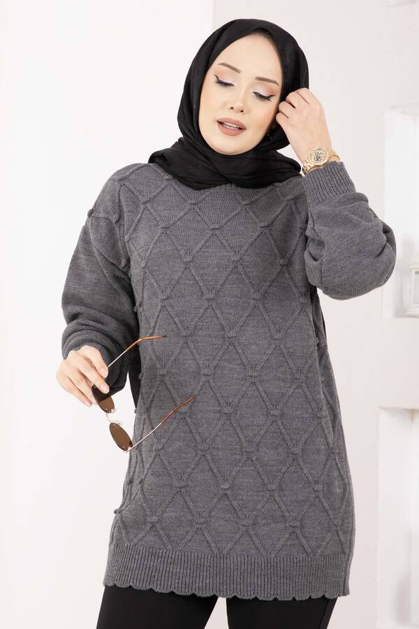 RAF - Baklava Desen Ponpon Detaylı Triko Kazak Antrasit (1)