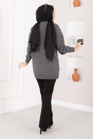 Baklava Desen Ponpon Detaylı Triko Kazak Antrasit - Thumbnail