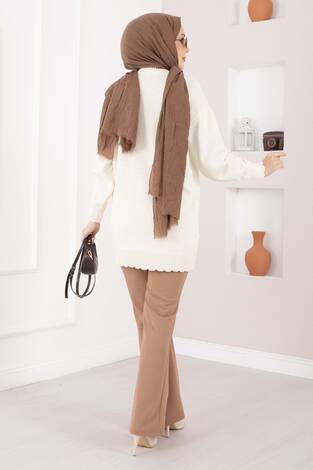 Baklava Desen Ponpon Detaylı Triko Kazak Ekru - Thumbnail