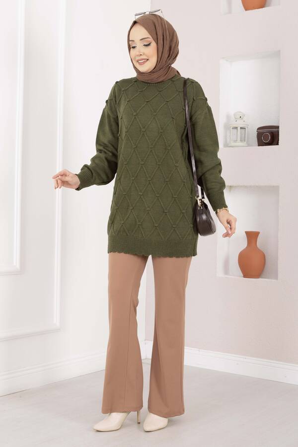 RAF - Baklava Desen Ponpon Detaylı Triko Kazak Haki