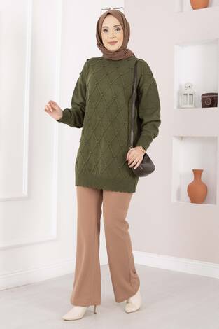 Baklava Desen Ponpon Detaylı Triko Kazak Haki - Thumbnail