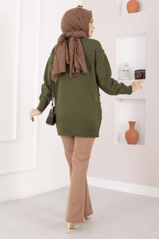 Baklava Desen Ponpon Detaylı Triko Kazak Haki - Thumbnail