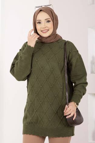 Baklava Desen Ponpon Detaylı Triko Kazak Haki - Thumbnail