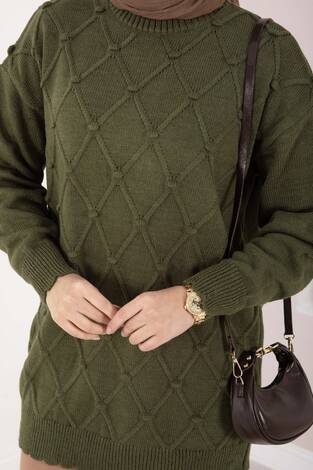 Baklava Desen Ponpon Detaylı Triko Kazak Haki - Thumbnail