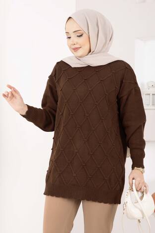 Baklava Desen Ponpon Detaylı Triko Kazak Kahve - Thumbnail