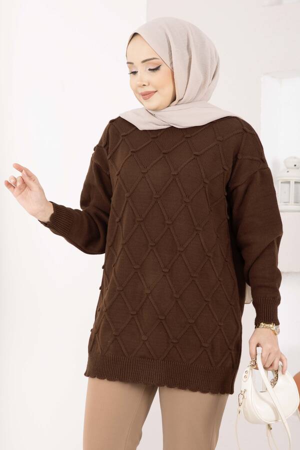 RAF - Baklava Desen Ponpon Detaylı Triko Kazak Kahve (1)