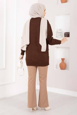 Baklava Desen Ponpon Detaylı Triko Kazak Kahve - Thumbnail