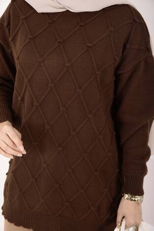 Baklava Desen Ponpon Detaylı Triko Kazak Kahve - Thumbnail