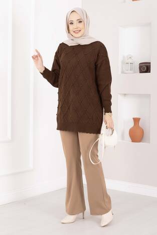 Baklava Desen Ponpon Detaylı Triko Kazak Kahve - Thumbnail