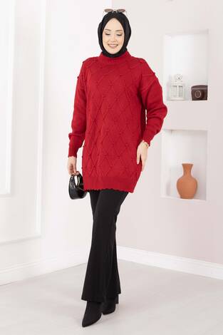 Baklava Desen Ponpon Detaylı Triko Kazak Kırmızı