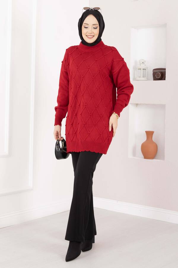 RAF - Baklava Desen Ponpon Detaylı Triko Kazak Kırmızı