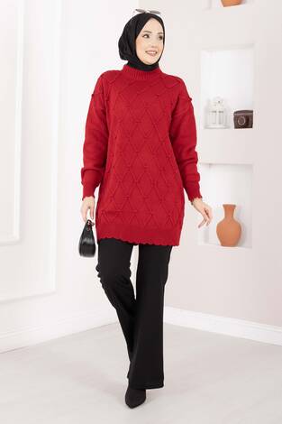 Baklava Desen Ponpon Detaylı Triko Kazak Kırmızı - Thumbnail