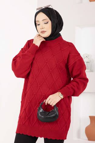 Baklava Desen Ponpon Detaylı Triko Kazak Kırmızı - Thumbnail