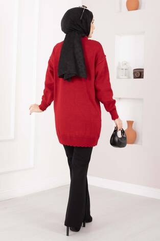 Baklava Desen Ponpon Detaylı Triko Kazak Kırmızı - Thumbnail