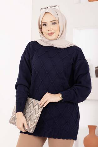 Baklava Desen Ponpon Detaylı Triko Kazak Lacivert - Thumbnail