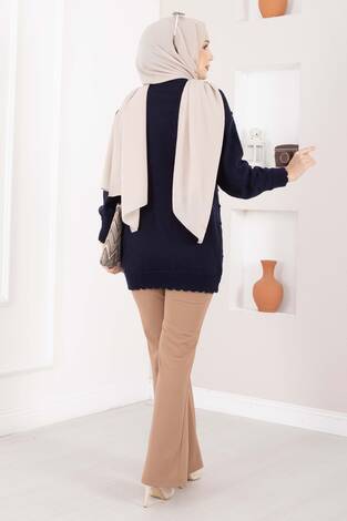 Baklava Desen Ponpon Detaylı Triko Kazak Lacivert - Thumbnail