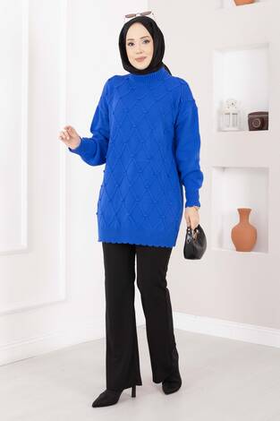 Baklava Desen Ponpon Detaylı Triko Kazak Saks