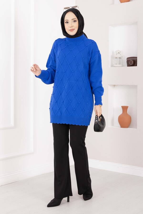 RAF - Baklava Desen Ponpon Detaylı Triko Kazak Saks