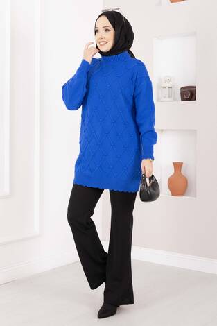 Baklava Desen Ponpon Detaylı Triko Kazak Saks - Thumbnail