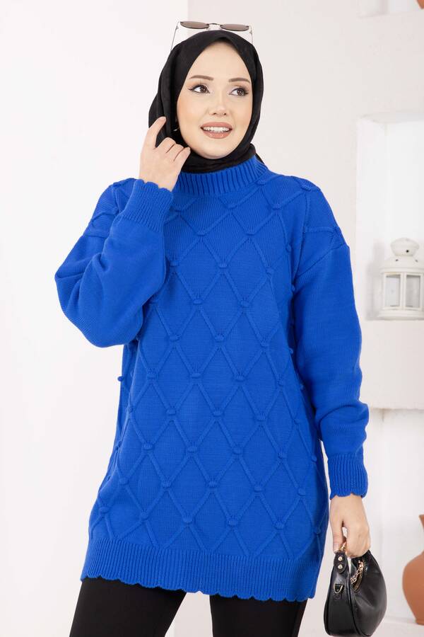 RAF - Baklava Desen Ponpon Detaylı Triko Kazak Saks (1)