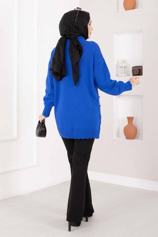 Baklava Desen Ponpon Detaylı Triko Kazak Saks - Thumbnail