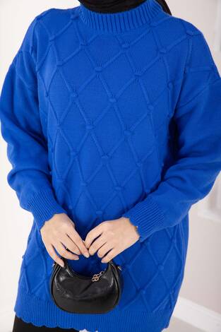 Baklava Desen Ponpon Detaylı Triko Kazak Saks - Thumbnail