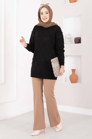 Baklava Desen Ponpon Detaylı Triko Kazak Siyah - Thumbnail