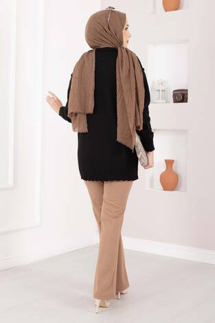 Baklava Desen Ponpon Detaylı Triko Kazak Siyah - Thumbnail