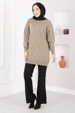 Baklava Desen Ponpon Detaylı Triko Kazak Vizon - Thumbnail