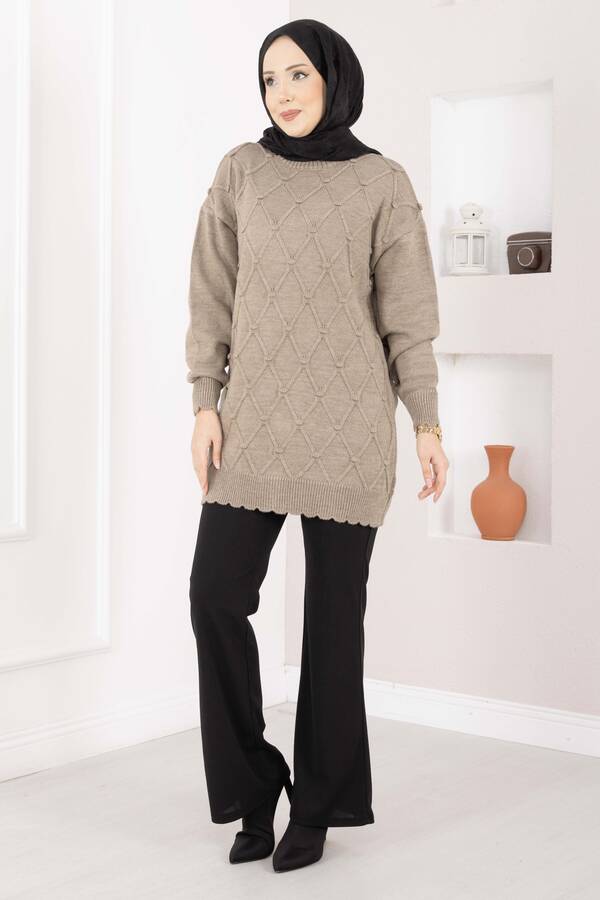 RAF - Baklava Desen Ponpon Detaylı Triko Kazak Vizon