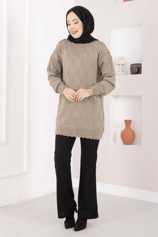 Baklava Desen Ponpon Detaylı Triko Kazak Vizon - Thumbnail