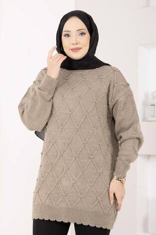 Baklava Desen Ponpon Detaylı Triko Kazak Vizon - Thumbnail