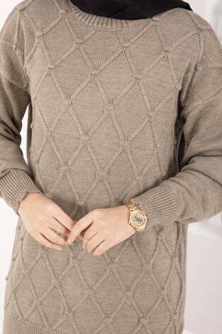 Baklava Desen Ponpon Detaylı Triko Kazak Vizon - Thumbnail