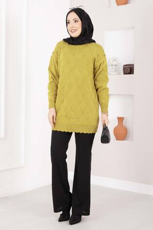 Baklava Desen Ponpon Detaylı Triko Kazak Yağ Yeşil